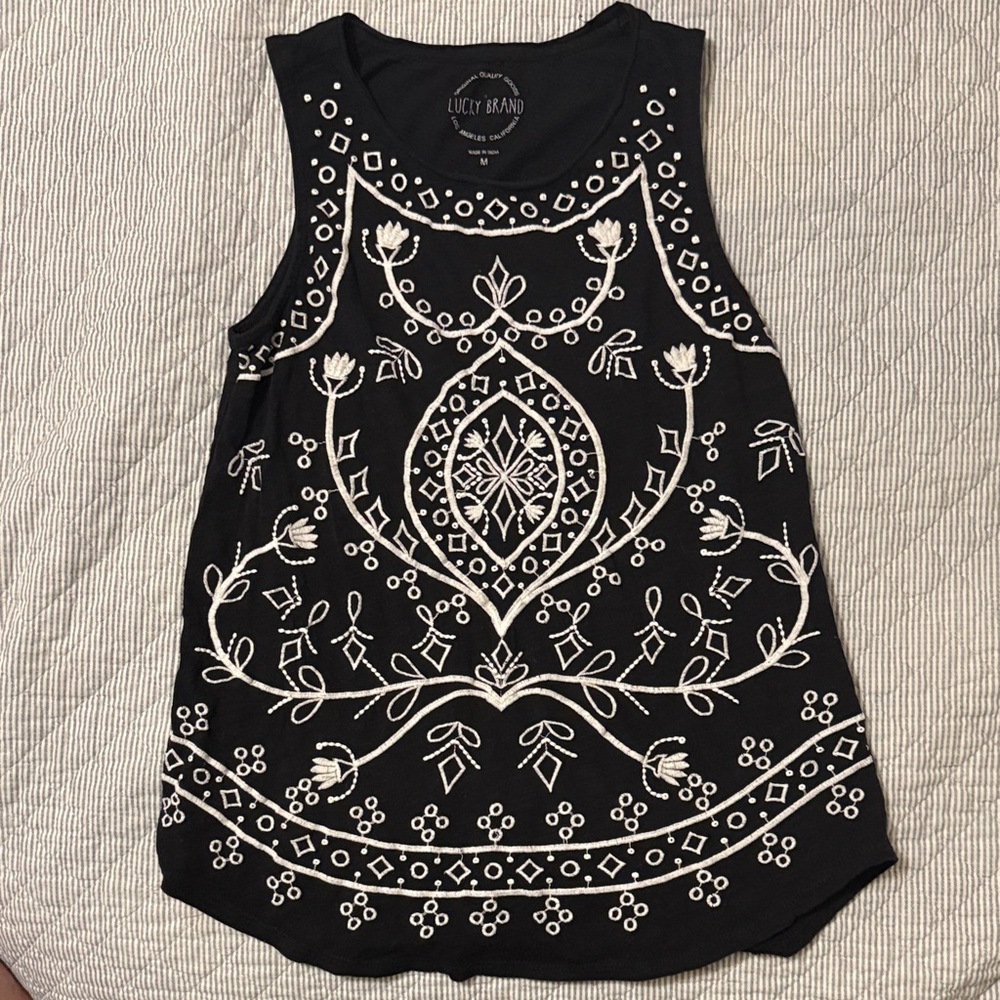 Lucky Brand Black and White Embroidered Tank Top